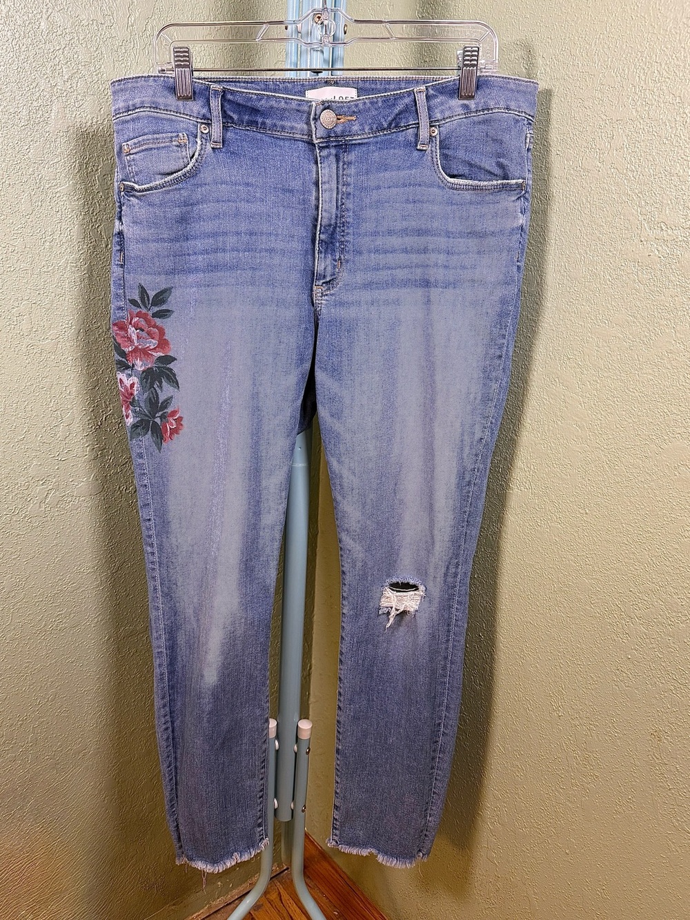 LOFT Light Blue Skinny Jeans with Pink Floral Accent